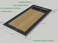 Hauapiire graniidist plaatidega, SPS-15, 1 hauakoht (laius 125cm, pikkus 250cm), betoonist vundamendil, serva laius 15cm, sirge lilleriba mullaga, täide